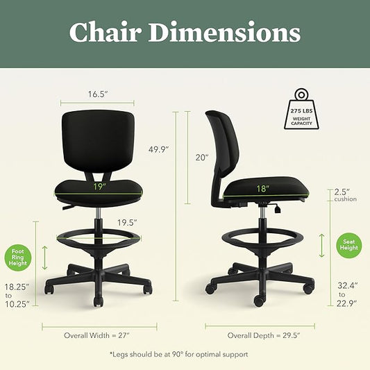 HON Volt Standing Desk Chair with Bonded Leather Seat and Back, Armless Ergonomic Task Stool with Adjustable Footring and Center‑Tilt Recline for Sit‑Stand Workstations, Black