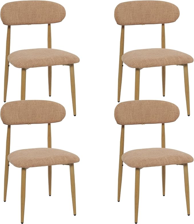 FREKEN Modern Upholstered Dining Chairs Set of 4, Mid-Century Metal Frame with Wood Grain, Linen Fabric Side Chair for Kitchen Dining Room, 350lbs Capacity, Brown