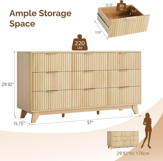 VINGLI Fluted 9 Drawer Dresser for Bedroom, Wood Dresser with Rounded Edges, 57" Long Dressers Oak, Natural Wood Color, 57" W*15.75" D*29.92" H