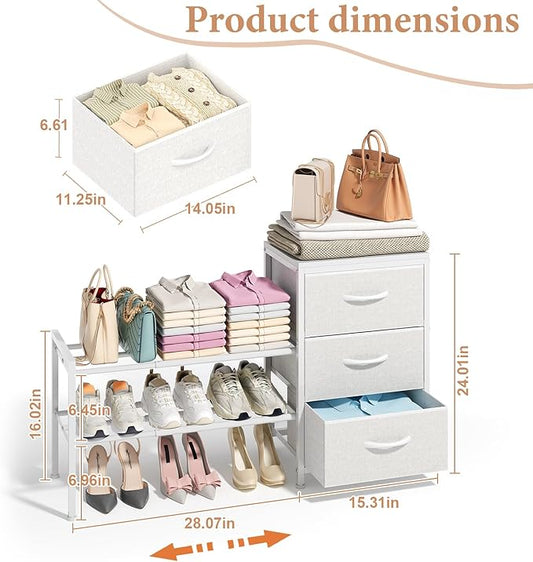 Cidaziya Expandable Closet Organizers and Storage, White Fabric Storage Dresser, 3 Drawer Dresser, Clothes Shelves for Kids, Purse Organizer Small Shoe Rack for Closet Bedroom(31.29~43.42 in)
