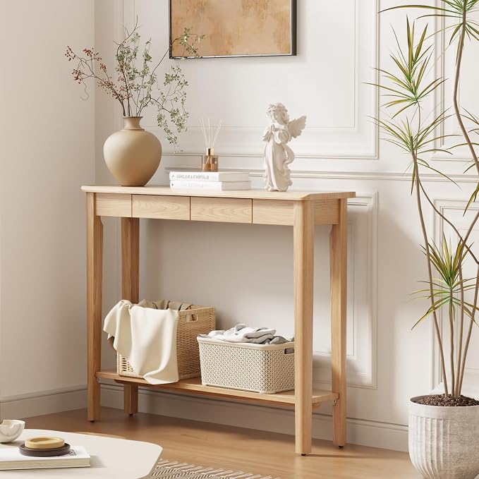 AQIMUELE Wood Console Table with Drawers, Walnut