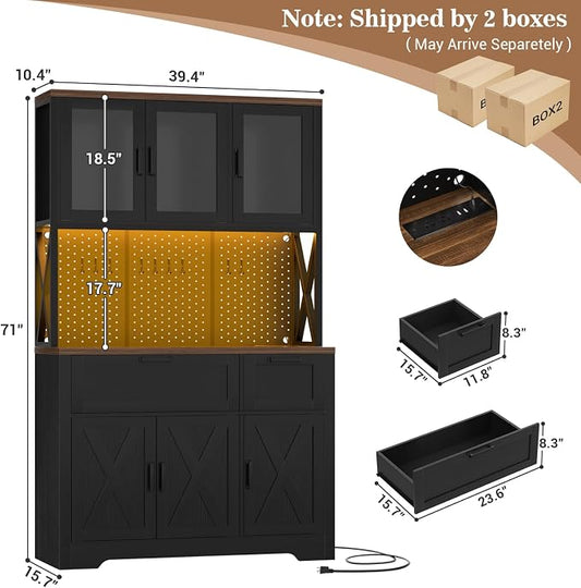 Unikito 71" Tall Pantry Cabinet, Kitchen Pantry Storage Cabinet with Charging Station & LED Lights, Freestanding Microwave Stand Coffee Bar Hutch with Drawers & DIY Pegboard for Dining Room, Black