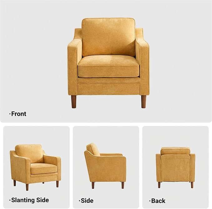 Kingfun Accent Chair, Living Room Chairs, Mid Century Reading Armchair, Chenille with Solid Wood Foot, Upholstered Modern Decor for Bedroom, Apartment