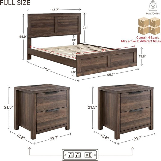 KISLOT 3 Pieces Bedroom Set, Wood Bed Frame with Upholstered Headboard & 2 Nightstands with Storage, Wooden Platform Mattress Foundation Farmhouse Bedroom Furniture Set