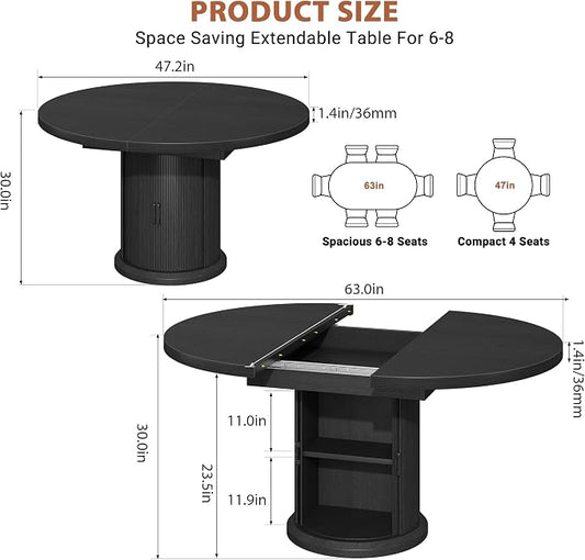 Jocoevol 47″–63″ Extendable Round Dining Table for 4–8 with Dust-Proof 2-Tier Storage Shelf Space Saving Expandable Wood Oval Circle Dinner Furniture with Pedestal Base (Black)