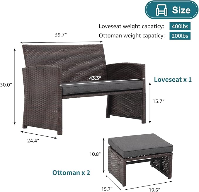 OC Orange-Casual Outdoor Loveseat 3 Piece Patio Furniture Set Outdoor Conversation Set All-Weather Wicker Love Seat with Ottoman/Side Table, Brown Rattan, Dark Grey
