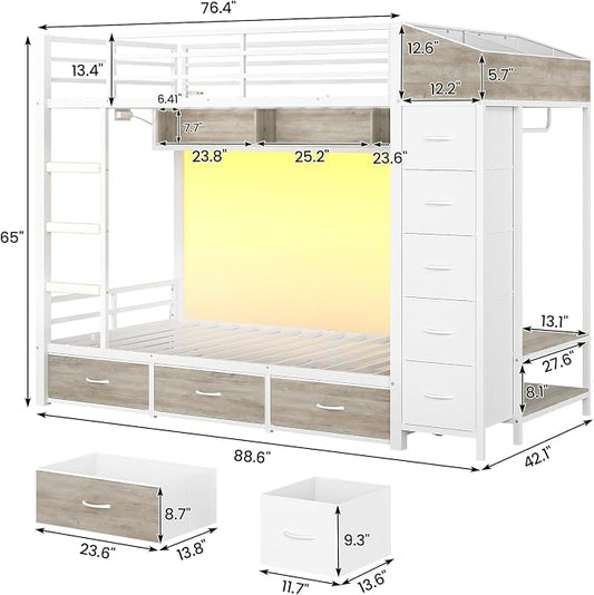 VIAGDO Bunk Bed Twin Over Twin with 8 Storage Drawers and Power Outlets, LED Twin Bunk Beds with Hall Tree and Shelves, Metal Bunk Beds with Safety Guardrail & Ladder for Dorms, Kids, White