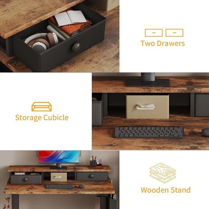 Electric Standing Desk Adjustable Height - 40 Inch Sit Stand Desk with Storage Drawers , Small Standing Desks with Shelf Monitor Stand, Kids Girls Computer Desks for Bedroom Home Office, Rustic Brown