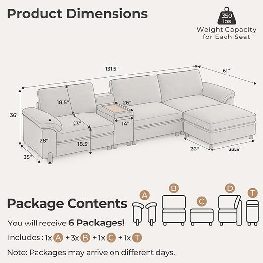 SITJOY Large Cloud Couch, 132" Wide 3 Seater Couch with Console, Light Gray | Detachable and Washable Chenille Cover Sectional Sofas for Living Room, Deep Seat Wide Couch with Chaise, Storage Ottoman