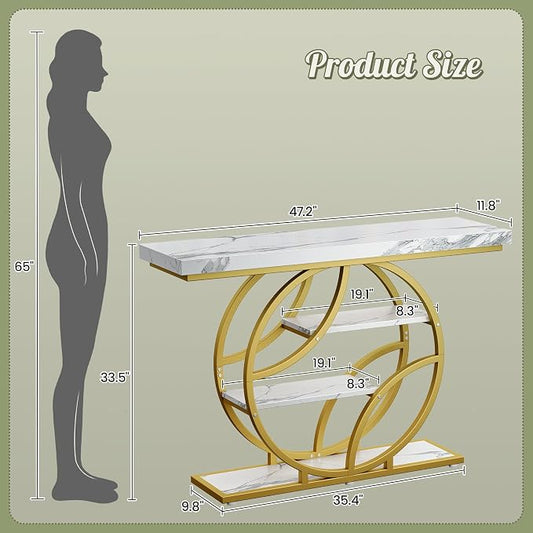 Huuger 47.2 Inch Entryway Table with Marble Top, Modern Console Sofa Table, Accent Table with Shelves, for Entry, Hallway, Entrance, Foyer, O-Shaped Metal Frame, White Marble & Gold