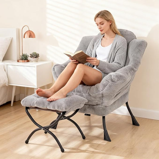 Welnow Lazy Chair with Ottoman, Modern Accent Chair with Armrests and a Side Pocket, Leisure Sofa Armchair, Reading Armchair with Footrest for Small Space, Plush Grey