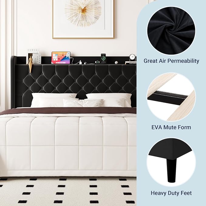 Allewie King Size Bed Frame, Storage Headboard with Charging Station, Wingback Velvet Upholstered, Diamond Stitched Button Tufted, Sturdy Wooden Slats, No Box Spring Needed, Easy Assembly, Black