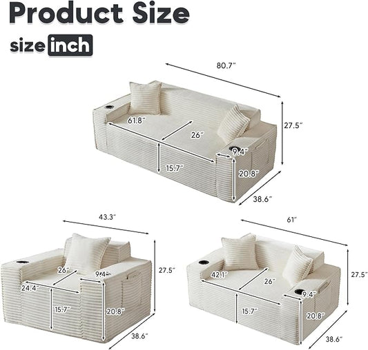 Boneless Sectional Sofa 3 Piece Set with Cup Holders & Side Pockets, Luxury Corduroy Fabric Deep Seat Cloud Couch Living Room, Office, No Assembly (White)