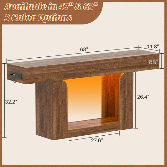 Homieasy Console Table, 63" Entryway Table with LED Lights & Charging Station, Farmhouse Wooden Sofa Table Behind Couch, Narrow Hallway Table for Living Room, Foyer, Entry, Rustic Oak