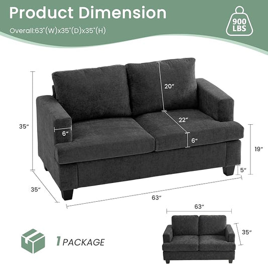 YOUDENOVA Sofa, 63” Comfy Loveseat Sofa with Deep Seats, Couch for Living Room, Modern Sleeper Couch, Dark Grey Chenille