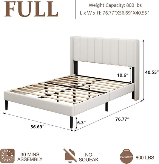 Sismplly Full Size Bed Frame and Headboard,Vertical Channel Tufted Wingback No Box Spring Needed, Mattress Foundation, Easy Assembly White