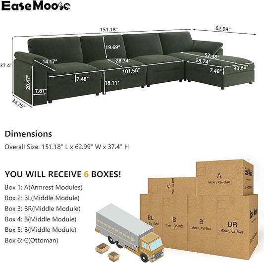 EASE MOOSE Oversized Sectional Modular Sofa,Deep Seat Modular Sectional Cloud Couch,Removable Cover,Green
