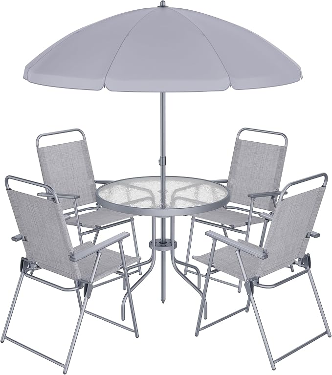 Shintenchi 6 Piece Patio Dining Set with Umbrella, Outdoor Furniture Set with 4 Folding Chairs and Tempered Glass Top Dining Table fot Lawn Backyard Garden Porch, Silver