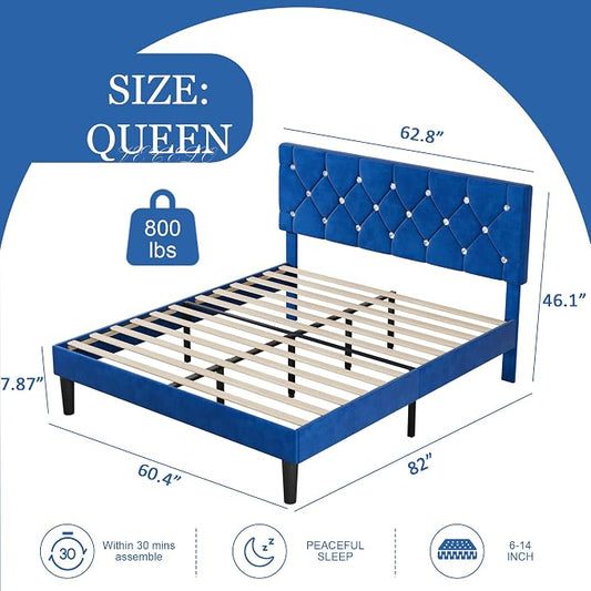 VECELO Queen Size Bed Frame, Upholstered Platform with Adjustable Diamond Tufted Headboard, Wood Slat Support, No Box Spring Needed, Navy Blue