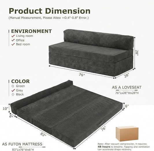 5-in-1 Convertible Sofa Bed, Boneless Loveseat with Removable Cushions & Washable Cover,Futon Sofa Bed with Handle, Pull Out Couch for Small Spaces, King Size, Grey