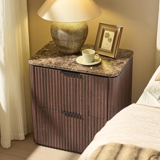 Fluted Nightstands Set 2 with Faux Marble Top, Modern Bedside Table | FSC-Certified Engineered Wood, 24" H, 2 Drawers, Rounded Corner, Metal Handle, for Bedroom, Dark Oak