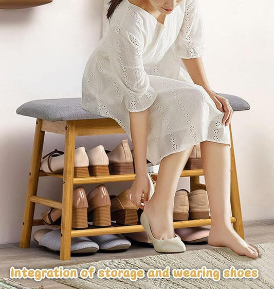 Shoe Rack Storage Bench, Bamboo Shoe Shelf with Cushioned Seat and Organizer Compartment, Upholstered Bench for Closet, Entryway, Hallway, Bedroom,90cm