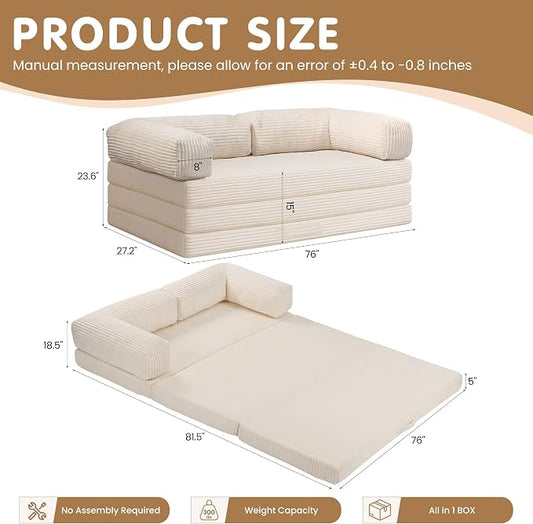 Convertible Sofa Bed King,5-in-1 Folding Boneless Couch Corduroy Futon Sofa Bed,Tri-Fold Mattress with Removable Armrests & Handle,Sleeper with Pull Out Bed for Small Space Living Room Bedroom