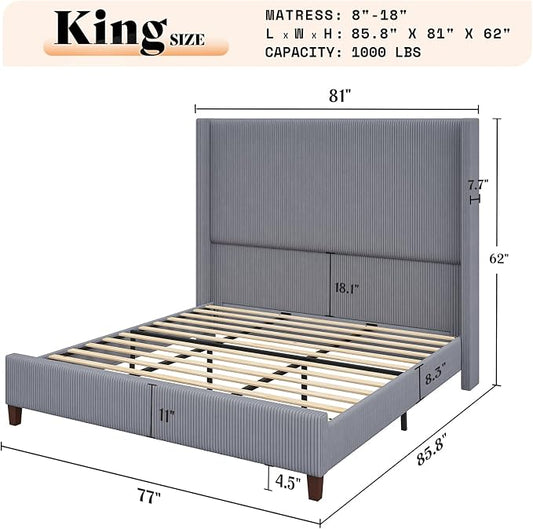 AMERLIFE King Size 62" Corduroy Upholstered Bed Frame, Luxurious Platform Bed with Extra Tall Wingback Headboard and Vertical Stripe, No Box Spring Needed/Solid Wood Slats & Legs/Gray