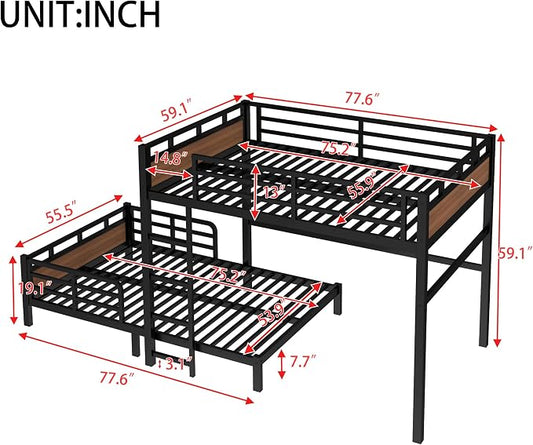 Full Over Full Metal Bunk Bed, Heavy Duty Convertible Bunk Bed Frame with Headboard & Full Guardrails, Can Be Split into Two Platform Beds or Loft Bed,Walnut