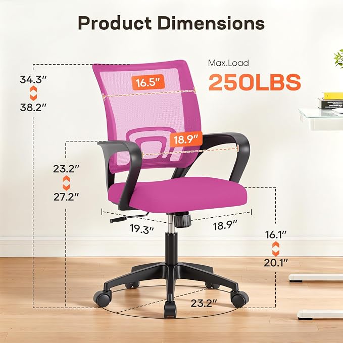 BestOffice | Ergonomic Office Chair | Mid-Back Swivel Desk Chair | Breathable Backrest & Lumbar Support | Adjustable Height | Sponge Seat | Rolling Wheels | Pink | for Adults & Women