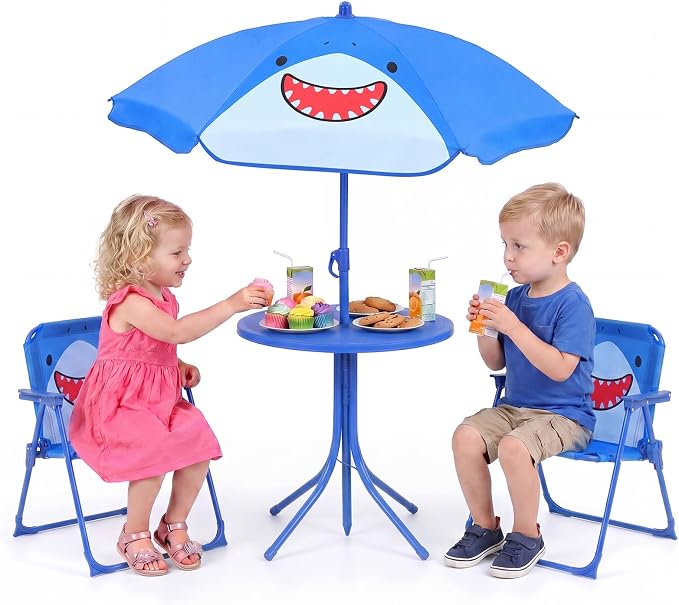 Costzon Kids Picnic Table, Kids Outdoor Table with 2 Folding Chairs, Height Adjustable Umbrella, Portable Children Outdoor Furniture for Patio, Garden, Backyard (Blue Shark)
