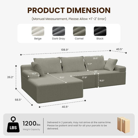 kinmars 108" Boneless Sectional Couch,Corduroy Cloud Couch Sectional for Living Room,Modern L Shaped Modular Sectional Couch,3 Seater Sofa (Camel, 108.9" L Shaped with Left Facing Chaise)