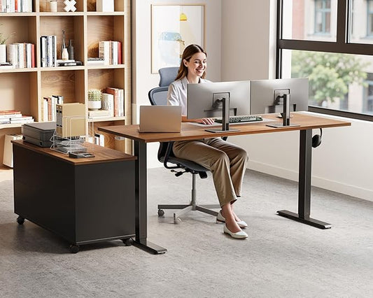 OffiGo 48 Inch L Shaped Electric Standing Desk with Drawers & File Cabinet Sets, Executive Sit Stand Desk, Height Adjustable Computer Desk for Home Office, Writing, Workstation, Walnut+Black