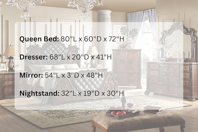 First of a Kind Santa Monica Traditional 4 Piece Queen Bedroom Set with Upholstered Tufted Headboard Elegant Classic Design Coordinated Furniture Collection, Cherry