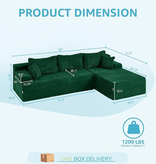 Hobestluk Modular Sectional Sofa Couches L-Shape Couch 3 Seat Modular Sofa Memory Foam Sectional Couches for Living Room, Cloud Couch with Oversized Chaise (Green Corduroy, 96", Right Hand Facing)