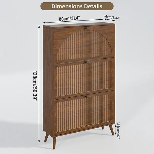 Fsbecl Shoe Storage Cabinet for Entryway with 3 Flip Drawers, Narrow Shoe Organizer with Fluted Panel, Freestanding Wood Hidden Shoe Cabinet for Hallway(Walnut, 31.4''W, Double Layer)