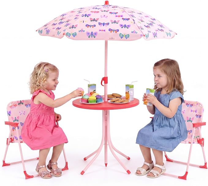 Costzon Kids Picnic Table, Kids Outdoor Table with 2 Folding Chairs, Height Adjustable Umbrella, Portable Children Outdoor Furniture for Patio, Garden, Backyard (Pink Butterfly)