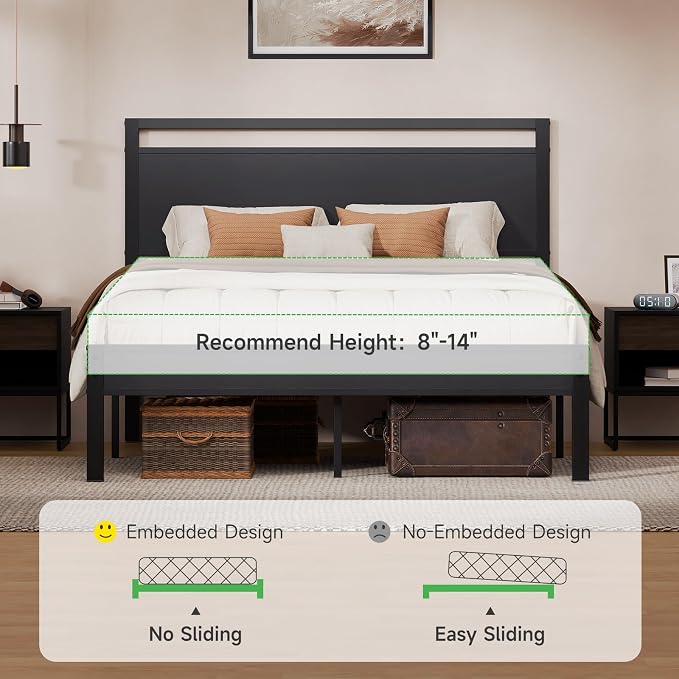 Z-hom Queen Bed Frame with Modern Wood Headboard & Footboard, Upgraded Heavy Duty Metal Sturdy Bed Frame Queen Size, Stable Platform Bed Furniture Bed Storage, No Noise, No Box Springs,Black