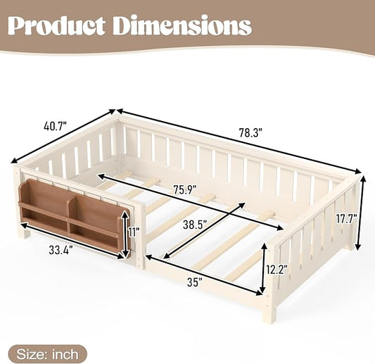 Bellemave Beige Montessori Floor Bed with Fence and Slats, Twin Size Montessori Floor Bed with Bookcase and High Rails, Easy Assemble Bed Frame for Girls, Boys, Twin