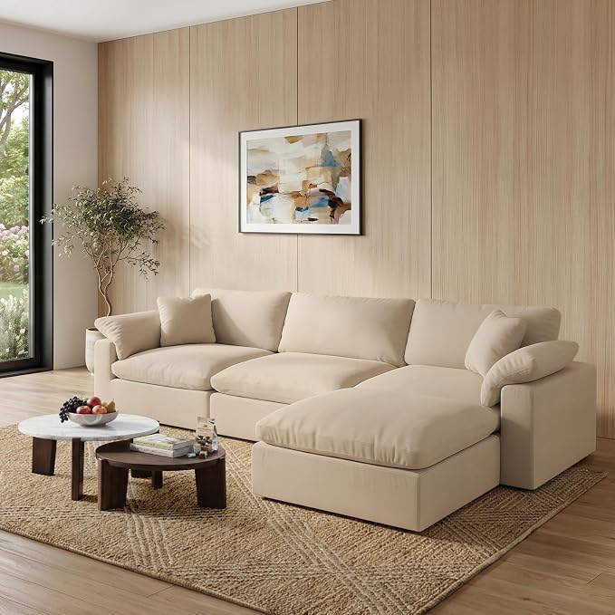 Modular Sectional Sofa Cloud Couch,Down Filled Comfy Cloud Modern Sofa,Khaki Linen L Shape Oversized Couch Cushion Covers Removable Furniture for Living Room