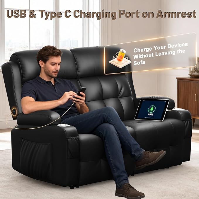 Power Loveseat Recliner with 2-Point Graphene Heat & Massage, Under-Seat Multi‑Color Adjustable LED Light Strips, Foldable Armrest, USB A/C, Wall Hugger Recliner Couch for RV Home Theater