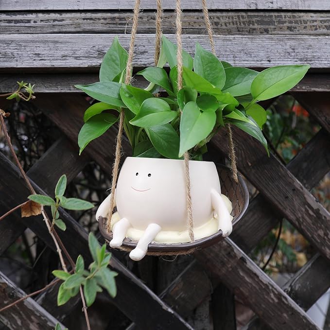 NINIPAPA Hanging Swing Chair Planter Pot Smile Face Plant Pot for Indoor Outdoor Plants Cute Head Flower Pots for Succulent String of Pearls Unique Gift on Mother's Day, Birthday, Christmas