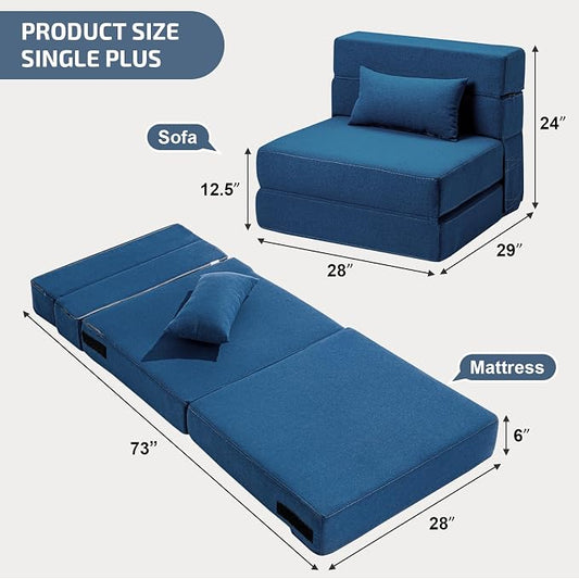 SUYOLS Folding Sofa Bed with Pillow- Convertible Chair Floor Couch & Sleeping Mattress, Foldable Memory Foam Sleeper for Living Room/Dorm/Guest Room/Home Office/Apartment/Loft, Single28,Navy Blue