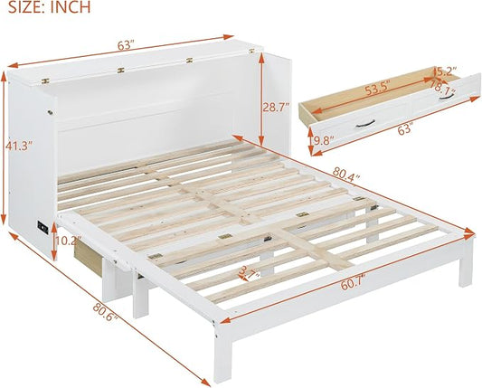 Ball & Cast Murphy Bed Queen Size Bedroom Folding Wall Cabinets Frame with Large Drawer and USB Ports,Hideaway Bed w/Tri-Fold Mattress Design,for Guest Room,Study,Office,White