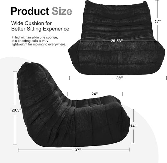 Hobestluk Adults Bean Bag Chair Faux Fur BeanBag Couch for Living Room | Black Plush,Ergonomic Design,Memory Foam,UltraSoft,Anti-slip Bottom,No Assembly Required,Decorative Style for Living Room