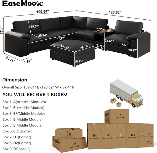 EASE MOOSE Oversized Corner Modular Sectional Sofa with Ottoman and Console,Faux Leather Sectional Sofa with Deep Seat, Scratch Resistant Faux Leather Material,Extra Large L Shaped Couch,Black