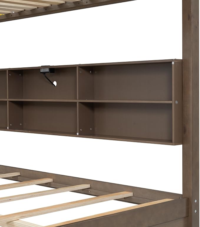 Queen Over Queen Bunk Bed with Built-in Shelves and USB Ports, Solid Wood Bunk Bed Frame with Safety Guardrail, for Kids Boys Girls Bedroom, No Box Spring Needed (Antique Wood Color)