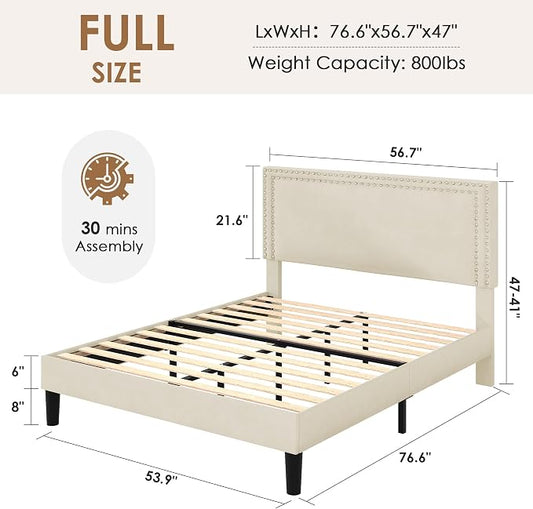 VECELO Full Size Platform Bed Frame with Height Adjustable Upholstered Headboard, Modern Mattress Foundation,Strong Wood Slat Support, No Box Spring Needed, Easy Assembly,Beige
