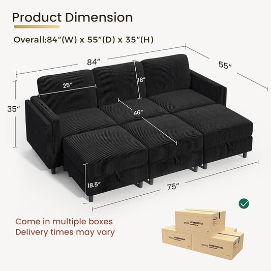 KKL Modular 6 Seater Sleeper Sofa Bed Sofa - 83 Inch Couch with Storage Ottoman, Convertible L/U-Shaped Sleeper Couch for Living Room, Modern Reversible Design, Black
