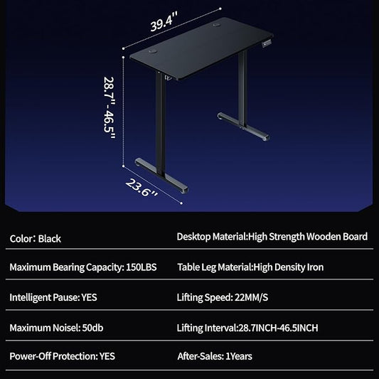 Shintenchi Standing Desk, Height Adjustable Electric Sit Stand up Desk, Ergonomic Rising Computer Table, 40x24 Inch Modern Lift Gaming Desk Workstation for Home Office, Black